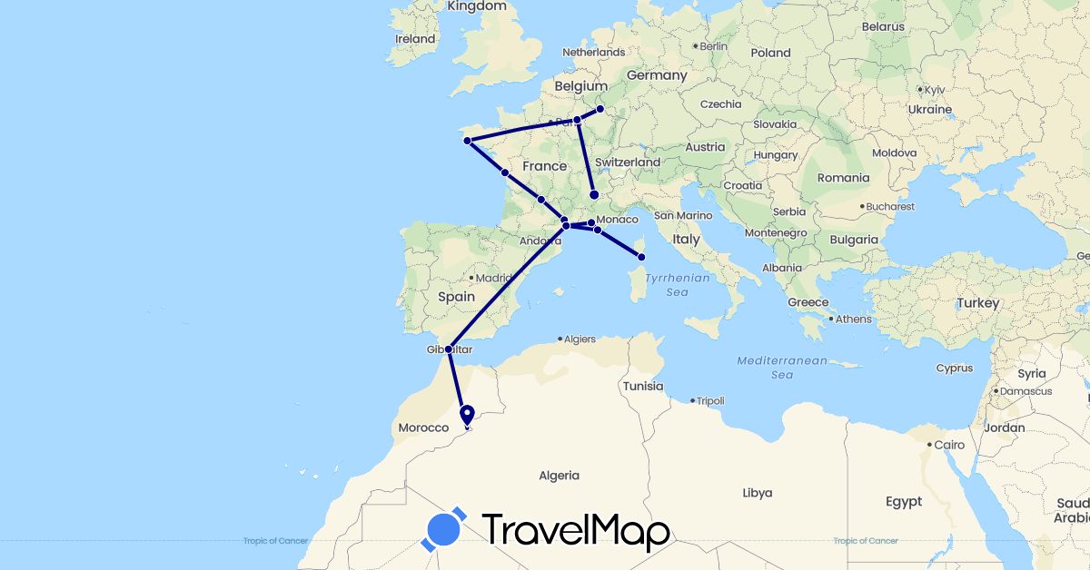 TravelMap itinerary: driving in Spain, France, Luxembourg, Morocco (Africa, Europe)